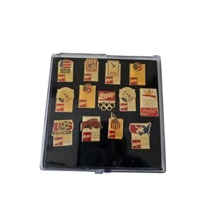 Vintage Set of 90's Coca Cola Olympic Sports Pins 13 Count With Case